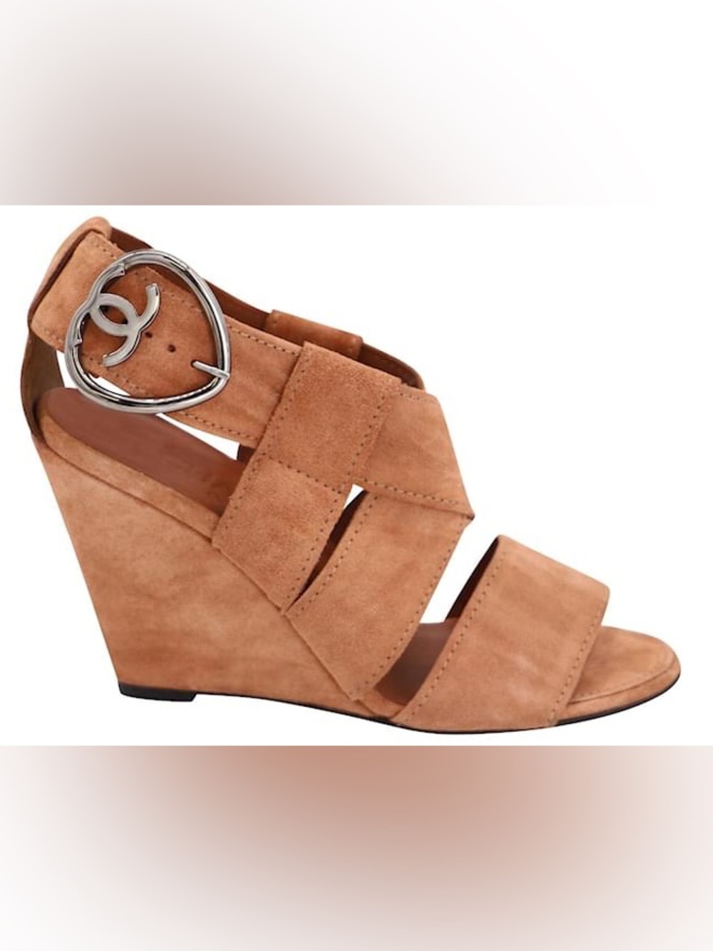 Chanel Authentic Vintage Tan Suede Heart CC Logo Buckle Wedge Sandals 38.5 US 8